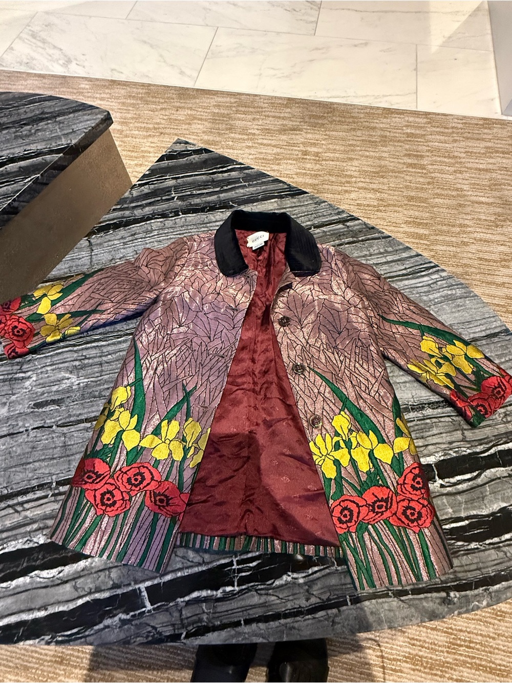 Gucci Kids Embroidered Floral Trench Coat in Mauve with Yellow & Red Motifs